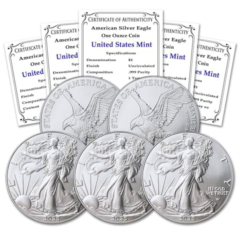 2025 - Lot of (5) 1 oz American Silver Eagle Coins Brilliant Uncirculated with Certificates of Authenticity $1 Seller BU