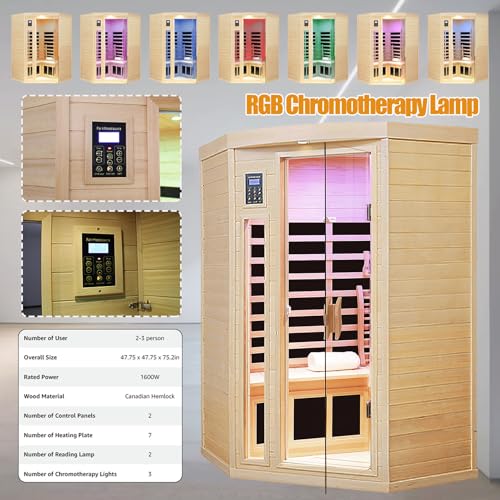 SALUSHEAT Far Infrared Wooden Sauna Room, 2-3 Person Home Sauna Canadian Hemlock Indoor Corner Sauna Spa, 2 Bluetooth Speakers, 2 LED Reading Lamp, 3 Chromotherapy Lights