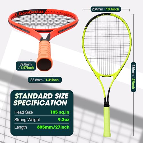 AboveGenius Neon Yellow & Orange Tennis Rackets 2 Pack for Adults - 27" Lightweight Aluminum Tennis Racquet Set with 3 Balls & Bag - Vibrant High-Visibility Matte Finish for Men Women Beginners