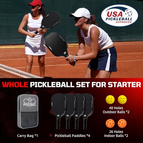 BAGAIL Pickleball Paddles, USAPA Approved Fiberglass Surface Pickleball Set, Lightweight Pickle Ball Rackets with 4 Balls, 1 Bag, Designed in California for Traction and Stability - 4 Pack, Black