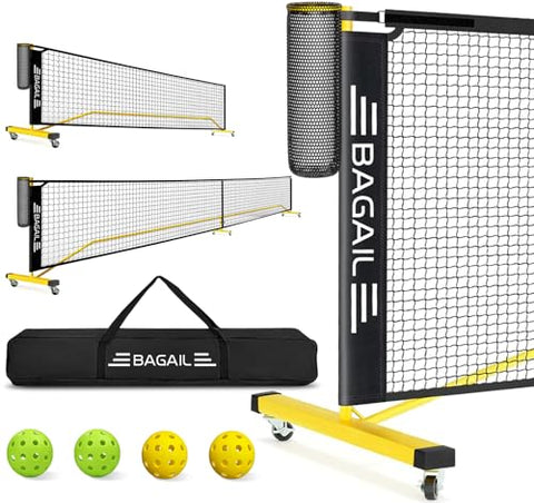 BAGAIL Portable Pickleball Net Set with Wheels, 22 FT Regulation Size & 11 FT Half Court Size 2-in-1 Pickle Ball Net with Ball Collector, Carry Bag, Easy Setup for Outdoor Indoor Driveway - Yellow