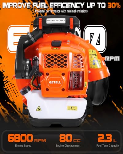 Getell 80cc Gas Backpack Leaf Blower, 900CFM 206MPH 2-Stroke Engine, Heavy-Duty Leaf & Snow Blower for Lawn, Garden & Commercial Use (853 EZ)