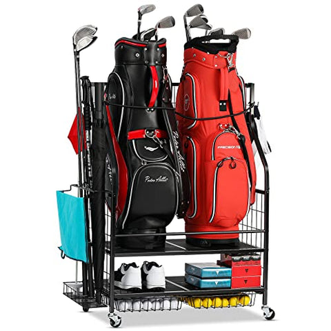 FHXZH Golf Bag Storage Garage Organizer - Golf Bag Stand Fit for 2 Bag, Extra Clubs, Balls, Shoes, and Golf Equipment Accessories, Golf Storage Rack for Garage, Club, Shed (2 Golf Bag Rack)
