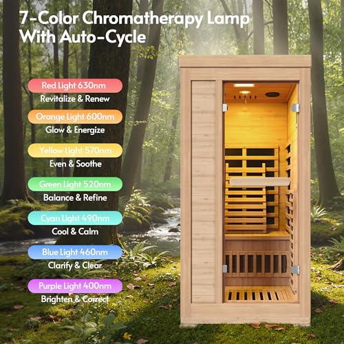 Rotihom 1-2 Person 6.3Ft Infrared Sauna, 7 Color Full Spectrum Wood Dry Sauna. Canadian Hemlock Indoor Saunas with 1745W 20Min Fast Heating & Music Speakers for Home & Gym (40" Lx36 Wx76 H)
