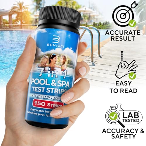 7-in-1 Accurate Pool Test Strips - 150 Hot Tub Spa Test Strips - Quick Pool Water Testing Kit - Bromine, pH, Hardness, Alkalinity, Chlorine & Cyanuric Acid - Perfect for Any Pools, Spa, Hot tubs