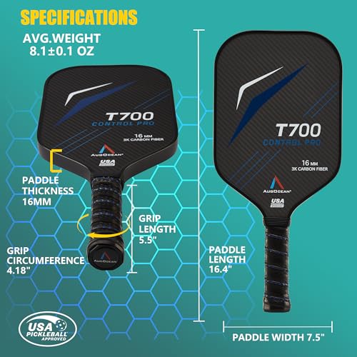Pickleball Paddle,Pickleball Paddles-3K Raw Carbon Fiber Textured Surface with Great Grit & Spin,T700 Carbon Fiber Racket with Excellent Power,Control & Balance,USAPA Approved (Carbon-Black 16mm)