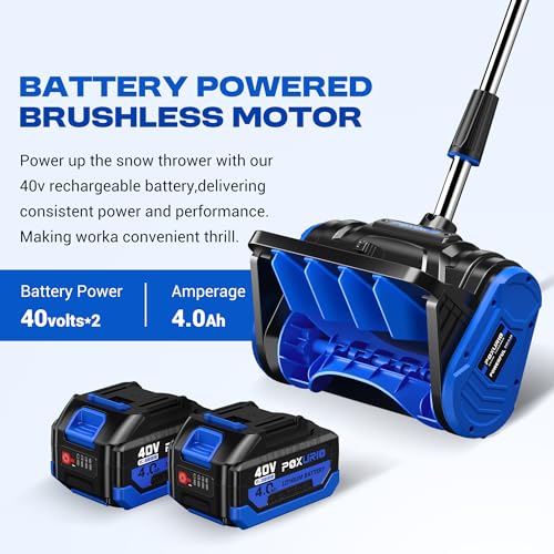 POXURIO 2 * 40V Electric Cordless Snow Shovel, 13 Inch Brushless Electric Snow Blower with 2×4.0Ah Batteries & Fast Charger, 13" Width, 6" Depth, 25FT Throw Distance Snow Shovel for Driveway, Patio