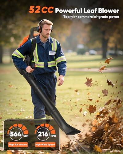 52cc Gas Leaf Blower Backpack 564 CFM 216 MPH 2-Cycle Ergonomic Harness System Low Vibration and Cruise Control Powerful Gas Blowers for Lawn Yard Care Gifts for Dad