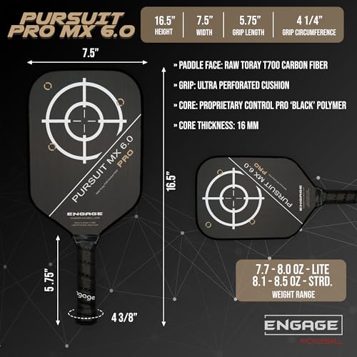 Engage Pursuit Pro MX 6.0 Pickleball Paddle – Elongated Shape, Raw Carbon Fiber Face, 16mm Control Pro “Black” Core, Vortex Barrier Edge Technology Limits Vibration – Lightweight