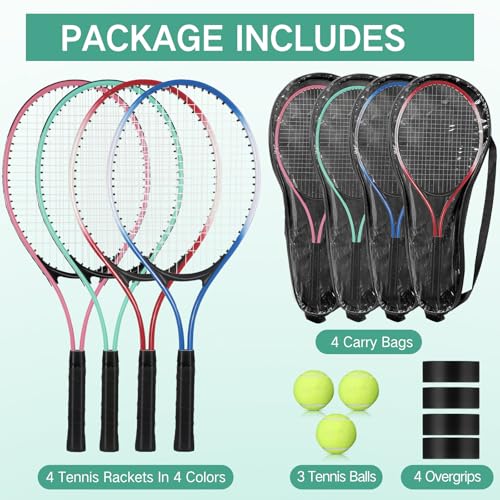 Motionchic 4 Pcs Tennis Rackets for Adult Recreational 4 Players 27" Tennis Racquet Lightweight Tennis Racket with 3 Tennis Balls for Training Beginners with Overgrips Carry Bag (Pink,Green,Blue,Red)