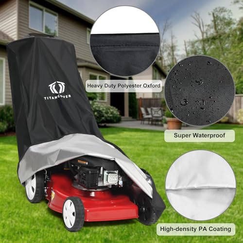 TitanCovers Lawn Mower Cover with PA Coating & Double Drawstring & Storage Bag, Heavy Duty 600D Polyester Oxford Push Mower Cover, Waterproof Lawnmower Covers for Outdoor