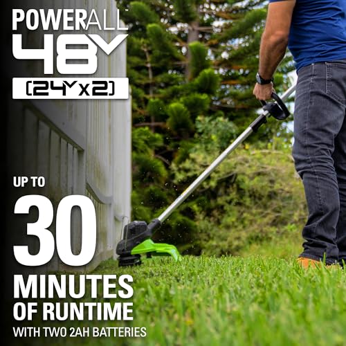 Greenworks 48V (24V x 2) 15" String Trimmer, (2) 2Ah Batteries and 4A Dual Port Charger Included