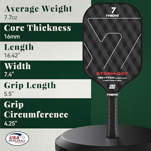 YVmove Pickleball Paddle with T700 Raw Carbon Fiber Surface & 16mm STR-Core Power Polymer Core, Premium Pickle Ball Racket Designed for Ultimate Spin & Consistency, USAPA Approved