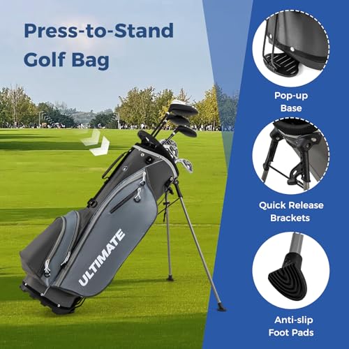 ULTIMATE Left Handed Golf Clubs for Men, 10pcs Men's Complete Golf Club Set Includes 460cc #1 Driver, #3 Fairway Wood, #4 Hybrid, #6/#7/#8/#9/#P Irons, Putter (Grey)