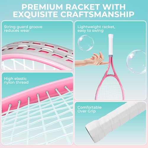 HIRALIY 27" Tennis Rackets Set for Adults, 2 Player Pre-Strung Tennis Racquets, 2 Overgrip Tapes,3 Balls, and 1 Carrying Bag, Outdoor Recreational Sport for Beginner (Pink/Green)