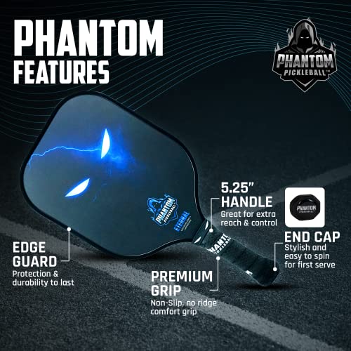 Phantom Pickleball Paddle Eternal 14mm - Carbon Fiber - USA Pickleball Approved - Max Grit and Spin Elongated Body Pickle Ball Paddle - Lightweight Pickleball Racket with Polypropylene Core