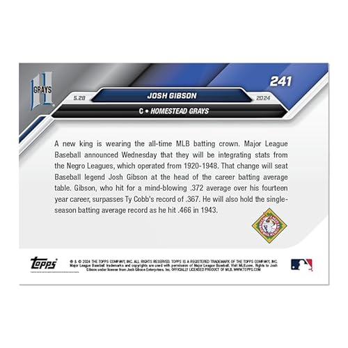 2024 Topps Now Josh Gibson #241 Baseball Legend Becomes MLB Career Batting Leader Baseball Card