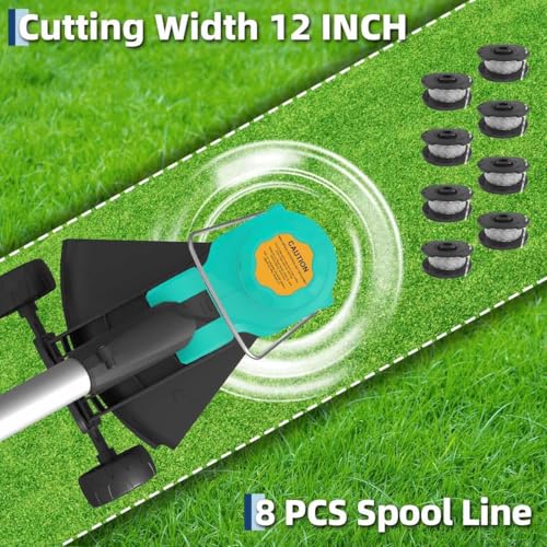 Garvee 12" Cordless Weed Wacker - String Trimmer Grass Trimmer, w/ 2 x 2.0Ah Batteries with Wheels, 8 pcs Spools Lines, Fast Charger