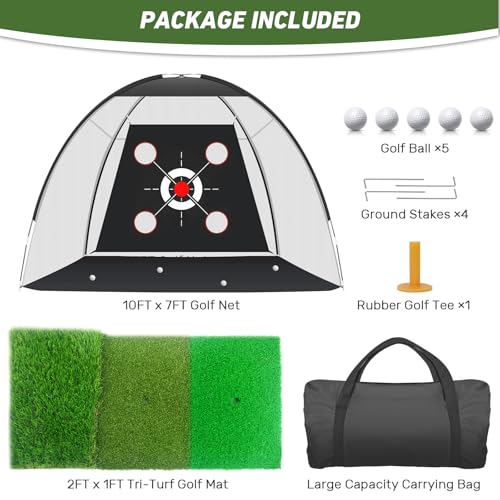 KLAODOT Golf Net with Practice Mat,Golf Hitting Aid Nets 10x7FT for Backyard Driving Chipping Training Swing with Target Mat Balls for Outdoor Indoor，Gifts for Men Dad Him and Golfer