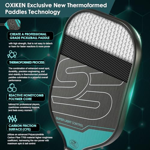 OXIKEN 16 mm Pickleball Paddles USAPA Approved T700 Carbon Fiber Surface (CFS) 8.3oz Pickle Paddle, Thermoformed High Grit & Spin, 5.5” Elongated Handle, Anti Slip Sweat Absorbing Grip with Cover Case