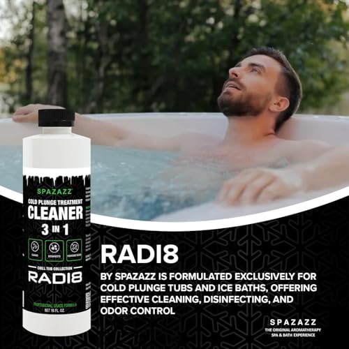 Spazazz Radi8 Cold Plunge Cleaner– 3-in-1 Water Treatment Formula for Ice Bath & Cold Plunge Tubs – Removes Scum, Cleans, Controls Odors – Dye Free & Skin Safe - 16 fl oz Bottle