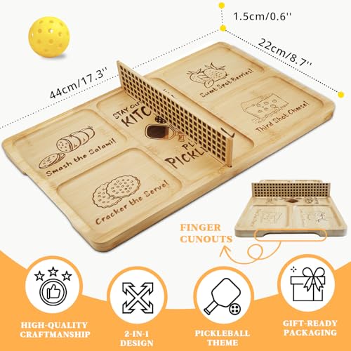 DWATAN Pickleball Court Charcuterie Board with Net, Funny Valentine's Day Pickleball Gifts for Men & Women, 2-in-1 Bamboo Serving Tray & Cutting Board, Pickleball Kitchen Decorations