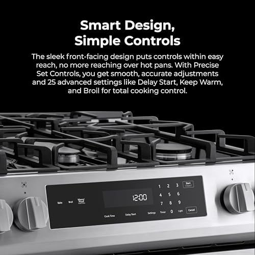 Kenmore 5.6 cu. ft. Front Control Gas Range Oven with 5 Cooktop Burners - Ultra Durable Chrome Racks, Turbo Boil, Hidden Bake, Dishwasher-Safe Grates, Storage Drawer, LP Kit - Stainless Steel