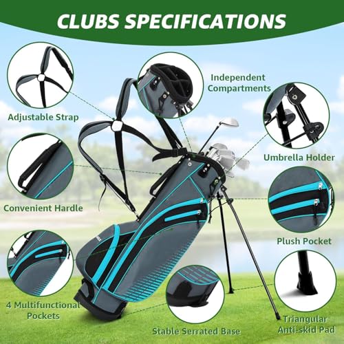 XDriveMax 8-Piece Left/Right Hand Complete Golf Club Set for Men & Women: Wood, Hybrid, Irons, Putter & Bag - Beginner Friendly, High Distance & Accuracy,Right,Light Blue