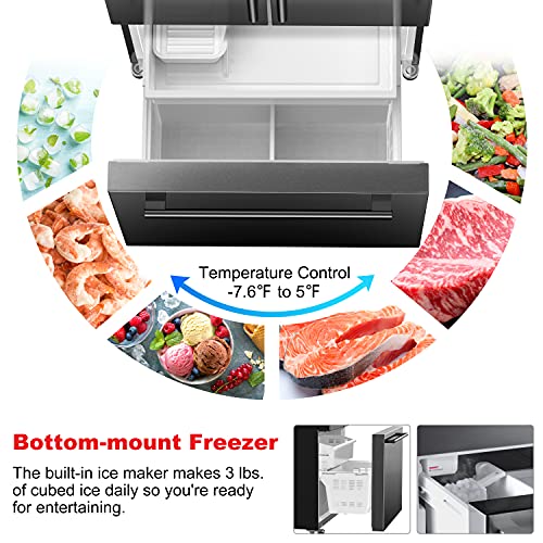 Galanz French Door Refrigerator with Installed Ice Maker and Bottom Freezer, Adjustable Electrical Thermostat Control, Frost Free, Energy Star Certified, Stainless Steel, 18 Cu Ft