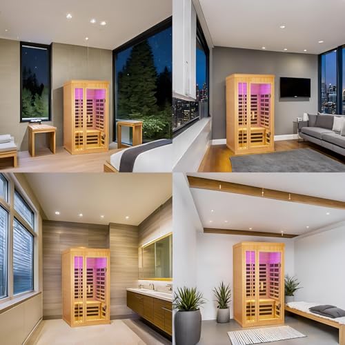 Kanlanth 1-2 Person Infrared Sauna, Hemlock Wood Low EMF Far Infrared Saunas for Home, APP Control 1350w Indoor Personal Sauna Room with Blue-Tooth, 7 Color Therapy Light, 7 Heating Panels