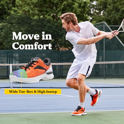 FitVille Men‘s Wide Pickleball Shoes All Court Tennis Shoes with Arch Support for Plantar Fasciitis (Orange, 9 Wide)