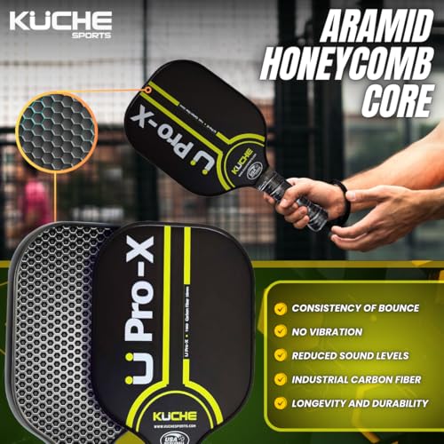 Kuche U PRO-X | T-800 Carbon Fiber Pickleball Paddle - Aramid Honeycomb Core -16MM Thick Sandblasted Surface for Spin & Control - USAPA Approved Pickle Ball Equipment for Men & Women