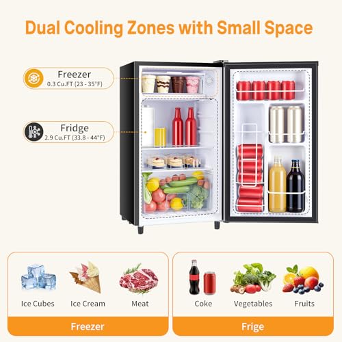 NEWBULIG Mini Fridge with Freezer 3.2 Cu.Ft Small Refrigerator for Office, Dorm, Small Fridge with Adjustable Thermostat, Energy Saving, Singel Door, Black