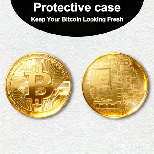 6PCS Gold Plated Bitcoin Coins – Physical BTC Cryptocurrency Collectible, 40mm Commemorative Souvenir Coins with Clear Protective Case, Gifts for Crypto Enthusiasts & Coin Collectors