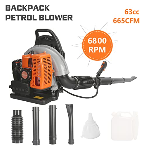 Gas Leaf Blower, 63-CC 3-HP 2-Cycle Backpack Leaf Blower, 665-CFM, 2800 RPM, Powerful Clearing Performance, Leaf Blower for Lawn Care, Gass Powered Leaf Blower Snow Blower Grass Blower (Orange)