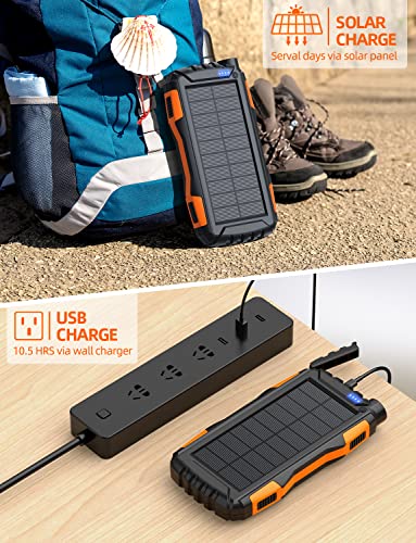 Mregb Solar Charger Power Bank 42800mAh, Portable Charger, Solar Power Bank,External Battery Pack 5V3.1A Qc 3.0 Fast Charger Built-in Super Bright Flashlight (Orange)