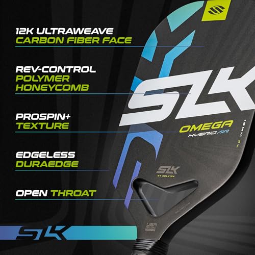 Selkirk Sport SLK Omega Hybrid Air Elongated Pickleball Paddles | Carbon Fiber Pickleball Paddle with Polymer Core | Aerodynamic Open Throat Design for Power and Control | ProSpin+ Texture | XL Oasis