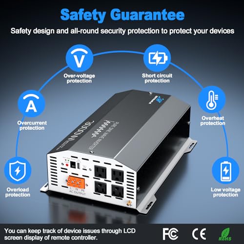 3000 Watt Pure Sine Wave Inverter 12v DC to 110v 120v AC Converter,6000W Peak Power Inverter with 4 AC Outlets,USB Port,Type-C,Remote Control LCD Display for Truck, RV, Vehicles, Solar Off-Grid