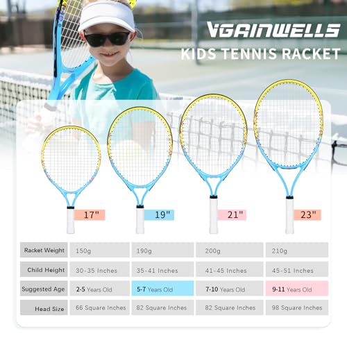 vgainwells 17"-23" Kids Tennis Racket for Aged 2-9, Lightweight and Durable,Including 1 Replacement Grip Tapes and 1 Toddler Tennis Racket（Yellow+Blue）