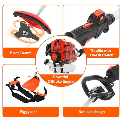 curfair 52cc 2-Cycle Weed Eater Gas Powered, 6-in-1 Gas Weed Wacker, Brush Cutter Gas Trimmer for Grass and Weed, Hedge Trimmer String Trimmer, Edger, Pole Saw & Pruner Red