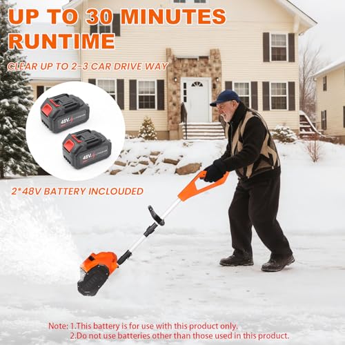 Cordless Snow Shovel 13", 48V 600W, 2×4.0Ah Batteries & Quick Charger, 12" Width 8" Depth, 25FT Throw Electric Snow Blower with Directional Plate & Adjustable Handle for Driveways & Sidewalks(Orange)