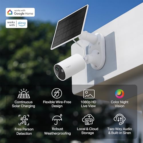 Tapo TP-Link SolarCam C402 Kit, Outdoor Battery Camera w/Solar Panel Base, Wireless, 1080P, Free Person Detection, SD/Cloud Storage, Color Night Vision, No Hub Needed, Works w/Alexa
