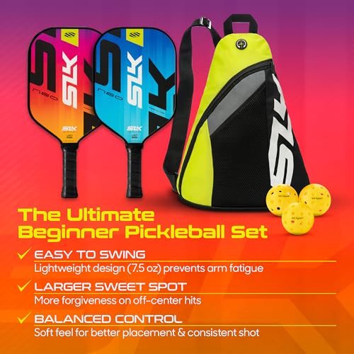 Selkirk Sport SLK Neo Fiberglass Pickleball Paddles Set of 2 | Designed in The USA | Complete Pickleball Set with 2 Pickle Ball Rackets, 3 Hybrid+ Balls, and SLK Sling Bag | Electric Sunset & Oasis