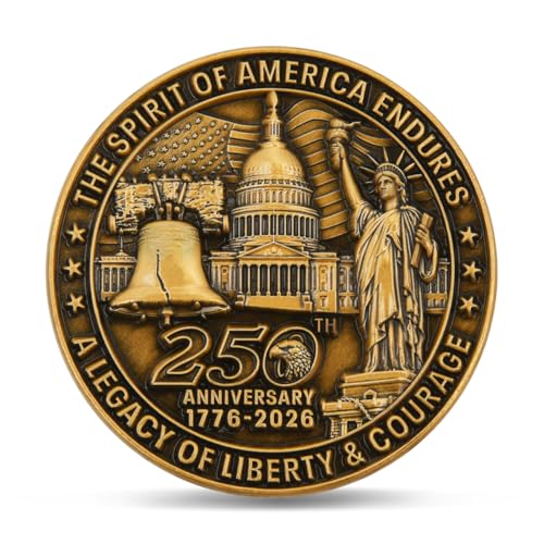 USA 250th Anniversary Challenge Coin – Gold Color Bald Eagle & Liberty Design, 1776–2026 250 Years of Freedom Collectible Coin, Heavyweight Zinc Alloy with Clear Acrylic Case, 1 Pack