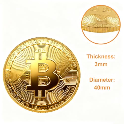 6PCS Gold Plated Bitcoin Coins – Physical BTC Cryptocurrency Collectible, 40mm Commemorative Souvenir Coins with Clear Protective Case, Gifts for Crypto Enthusiasts & Coin Collectors