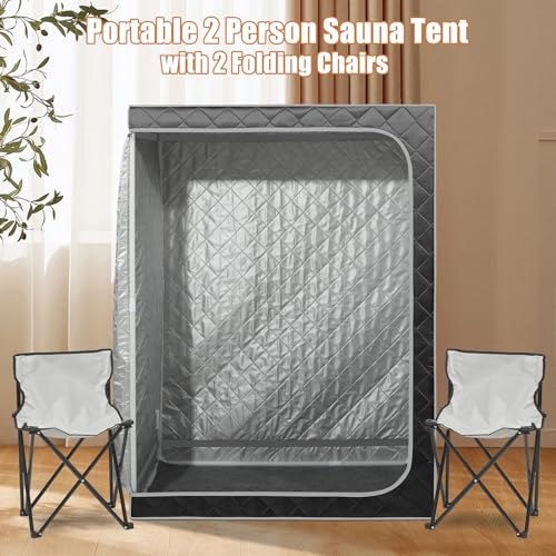Gollense 2 Person Sauna Portable Steam Sauna Tent with 2 Folding Chairs, Full Size at Home Steam Box for Relaxation Indoor Personal Home Spa, Steamer NOT Included, Black
