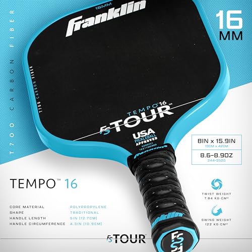 Franklin Sports Pro Pickleball Paddles - FS Tour Series Carbon Fiber Paddles - Official USA Pickleball (USAPA) Approved - Tempo Pro Player - 16mm Polymer Core - Blue