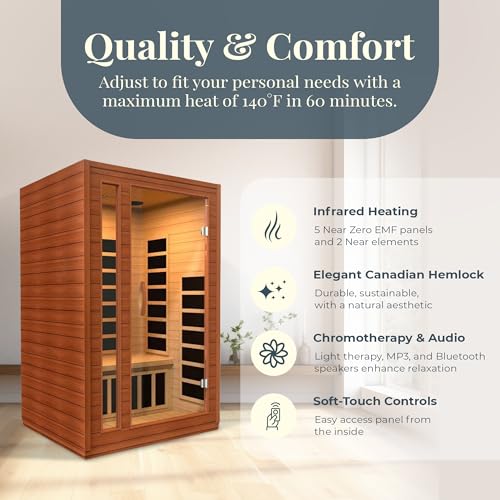 DYNAMIC SAUNAS Cardoba 2-Person Full Spectrum Infrared Sauna with Red Light Therapy & Bluetooth Speakers | Personal Indoor Dry Heat Sauna Room for Spa, Home & Gym – Made from Canadian Hemlock