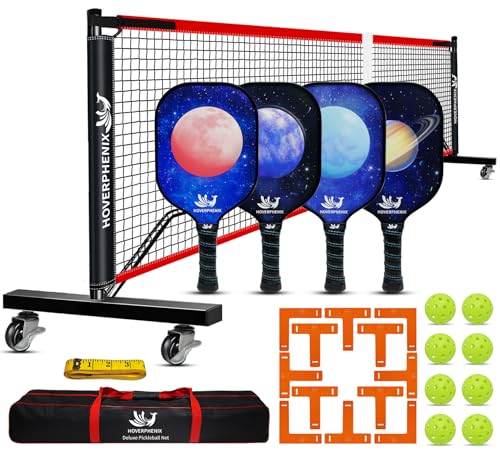 Portable Pickleball Set - Wheeled Net, 4 Fiberglass Paddles, 8 Balls, Court Marking Kit, Carry Bag