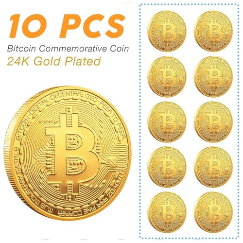 Naturiway 10 Pcs Bitcoin Coins, 24K Gold Plated, 3mm BTC Cryptocurrency Collectibles with Protective Case, Blockchain Decor for Home and Office